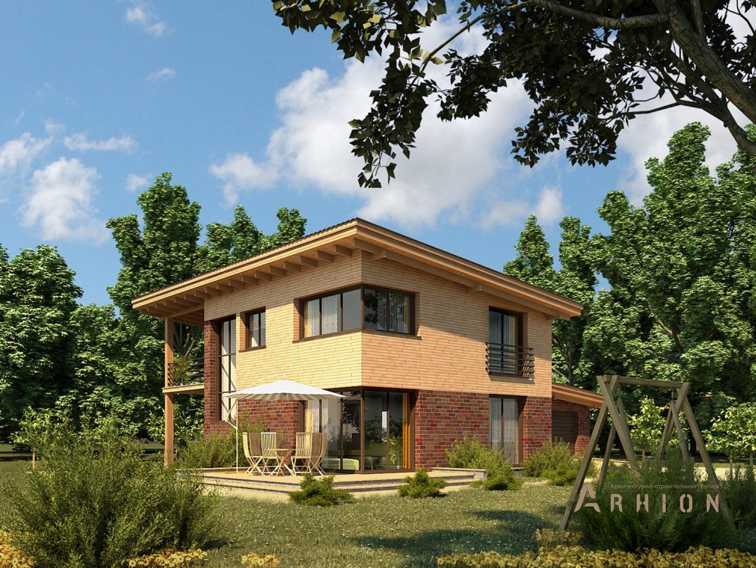 3. Проект двухэтажного дома в европейском стиле с односкатной кровлей, 99-203, площадью - 202 кв c терассой, балконом, гаражом